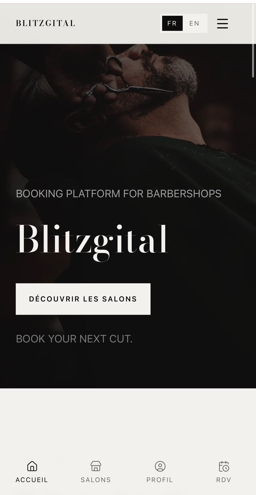 A mobile preview of the Blitzgital Barbershop booking experience